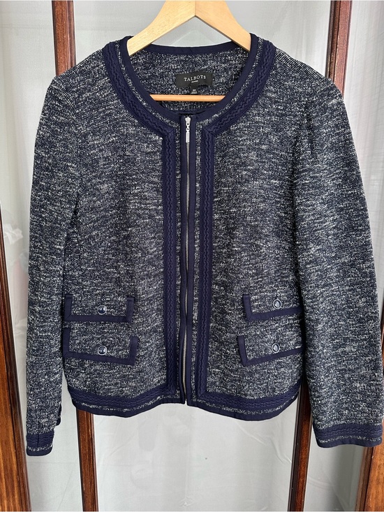 Talbots Jackets & Blazers - Talbots Sweater Lady Jacket Size 16P Blue Work Career Tweed Zipper Pockets